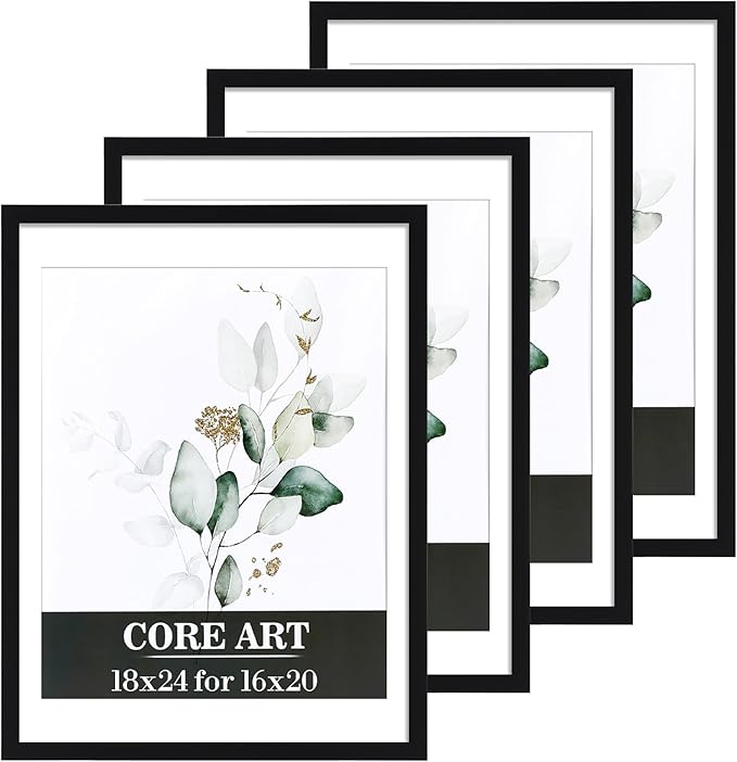 CORE ART 18x24 Poster Frame 4 Pack,18x24 Frame,Display Pictures 16x20 with Mat or 18 x 24 Without Mat,Wall Gallery Photo Frames,Black
