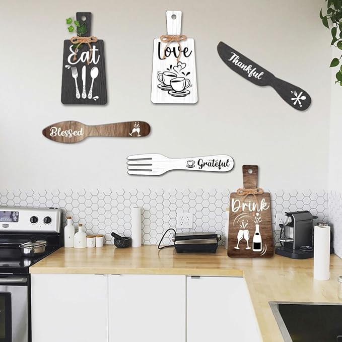 PH PandaHall 6pcs Kitchen Wall Decor Start Drink Sign Set Wood Pendant Accessories Mini Wood Plaque Fork and Spoon Shape Decorations Rustic Style Home Dector Black Brown White 11x5.5 inch/11.8x2 inch