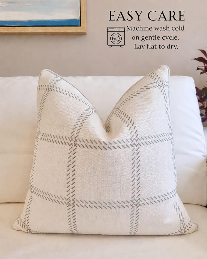 Jillien Harbor The Elliot Patterned Throw Pillow Cover – Checkered Pillow Print Polycotton Designer Accent for Farmhouse Decor, Decorative Pillow Cover, Fits 20 Inch Insert, 18 x 18 Inches, Brown