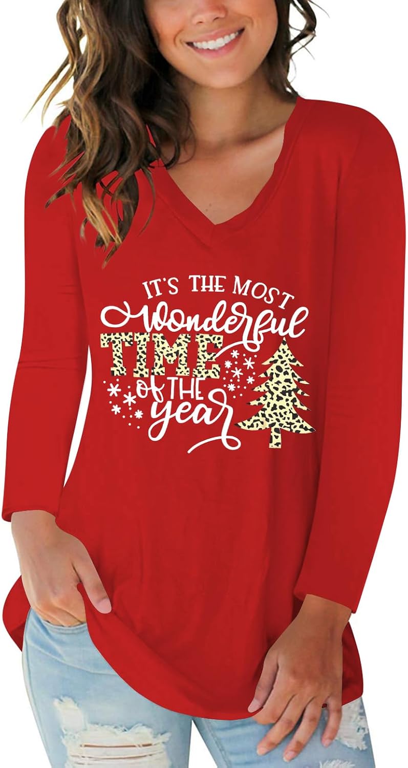 Tobrief Women's Long Sleeve V-Neck Shirts Fall Graphic Tees Loose Casual T-Shirt