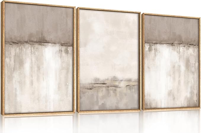KAIRNE Large Neutral Gray Framed Canvas Wall Art Set, Abstract Duotone Gray Tan Wall Decor, Neutral Watercolor Shape Wall Pinting, Modern Landscape Art Print for Living Room,Bedroom,Office-16 x24 x3