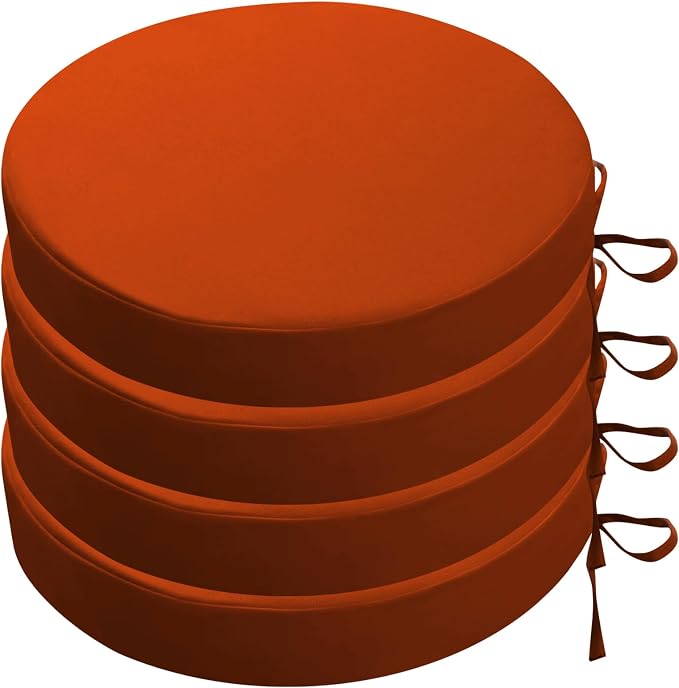 SK Studio Round Outdoor Chair Cushions for Patio Furniture, Set of 4 Waterproof Patio Chair Cushion with Adjustable Ties for Garden Sofa Couch, Orange Red, 17"x17"x3"