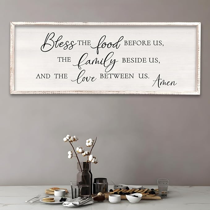 Surfapans Bless the Food Before Us Wall Decor, 32"X12" Farmhouse Dining Room Family Kitchen Sign, Christian Bible Verse Scripture Vintage Home Framed Wood Wall Art (White)
