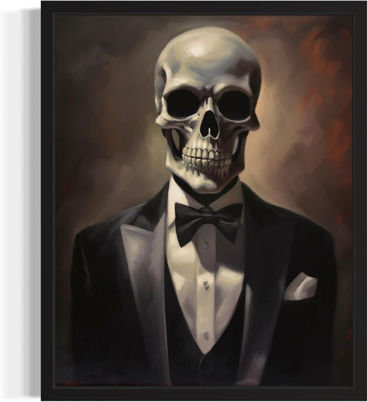 Skull Portrait Poster Art Print, Halloween Scary Vintage Wall Art Academia Spooky Painting Decoration for Horror Prints, Gothic Posters Bedroom Decor 89 (Skull Portrait, 8 x 10 inches, Black Frame)