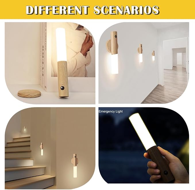 LANDGOO Wooden Motion Sensor RGB Night Lights Indoor, Magnet Body Hallway Rechargeable LED Wireless Battery Operated Wall Sconce (Ash Wood 1P)