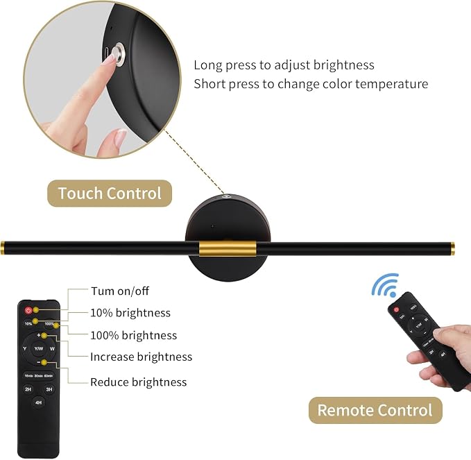 32" Battery Operated Wall Sconce Set of 2, Black Gold Wall Light | 350° Rotate, Wireless, Rechargeable, 8000mAh, Dimmable, 3000K-6000K, Remote & Touch Control, Timer, Living Room, Bedroom