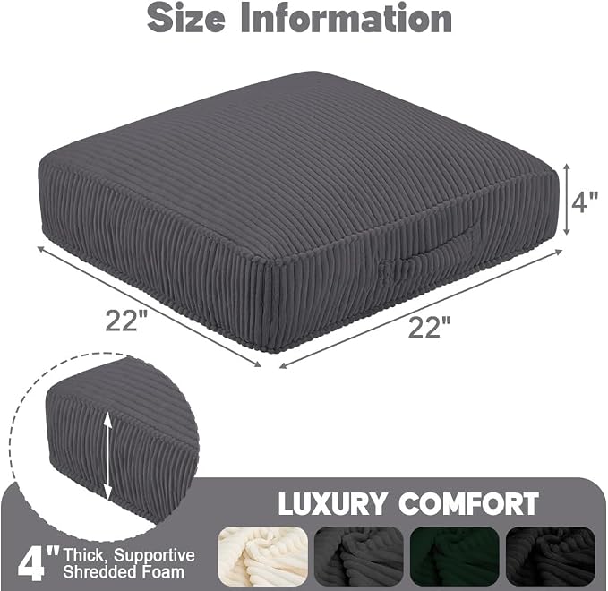 Floor Pillow for Adults Set of 2, 4" Square Floor Cushions with Washable Cover, Large Corduroy Meditation Pillow, 22 inches Tatami Seat with Handle for Living Room or Yoga, Dark Grey