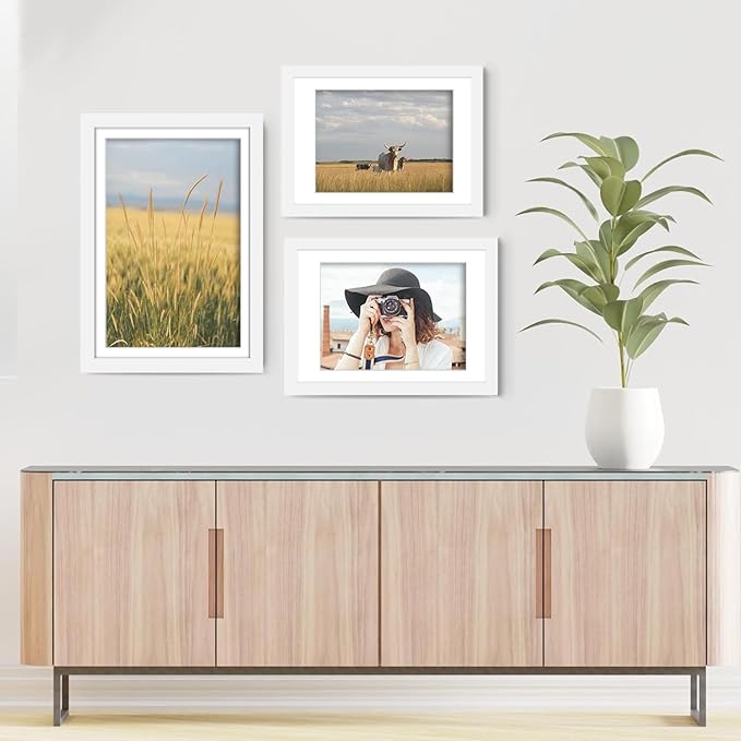 Picrit A3 Picture Frame Set of 12, Display 8.3x11.7 with Mat or 11.7 x 16.5 without Mat, Photo Frames for Wall Mounting Display, White