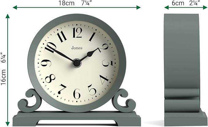 JONES CLOCKS® Saloon Mantel Clock | Small Traditional Double Scroll Design | Green | Contemporary Classic Style for Desk, Table, Shelf or Bedside