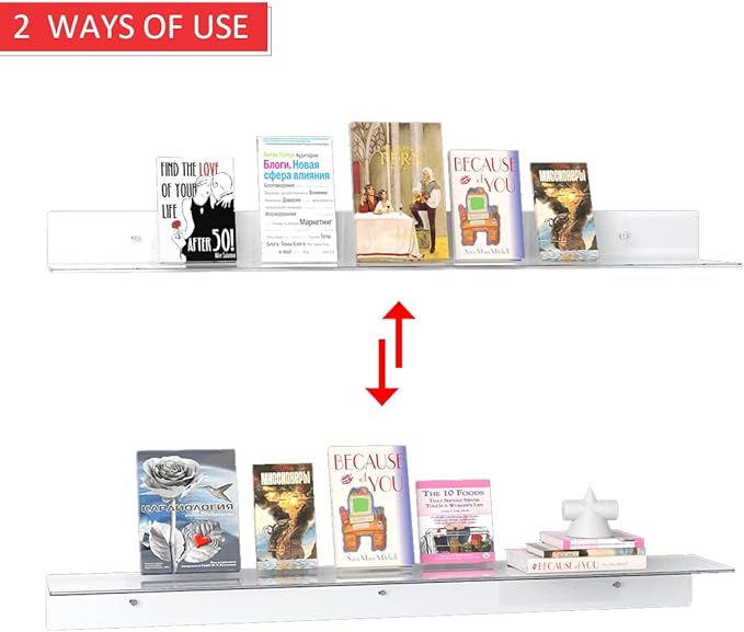 Sezanrpt 36 Inches Acrylic Wall Shelves 2 Pack, Floating Shelf for Wall Mounting, Acrylic Display Ledges for Funko Pop Figures, Home Décor, Living Room, Gaming Room, Plants(36 inch, Clear)