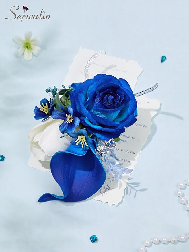 Serwalin Blue Prom Corsage and Boutonniere Set, Artificial Calla Lily & Rose Wrist Corsage Wristlet for Homecoming, Formal Dance, Wedding Flowers Accessories Party Suit Decorations