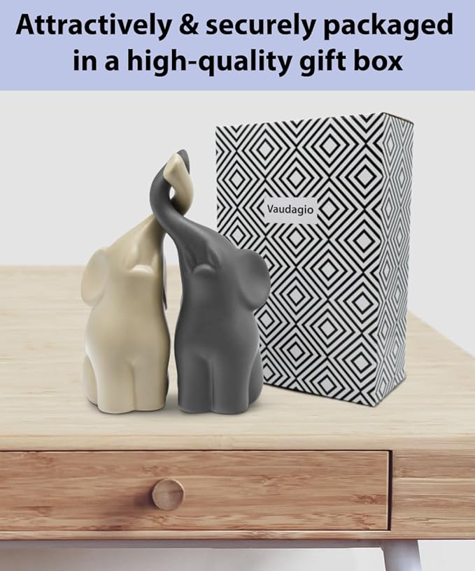 Vaudagio Loving Pair of Elephants in Beige & Grey - Modern Ceramic Sculpture - Figurine as a Set - Decoration Figure 6.3" high - Ornament Elephant in Love