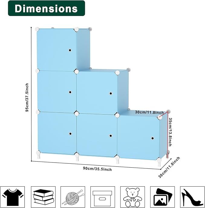 Cube Storage Organizer, 6-Cube Shelves Unit with Doors, DIY Stackable Plastic Clothes Organizer for Bedroom and Under Stairs Storage Unit, Each Compartment 30 x 30 x 30 cm Blue ATTSL6005