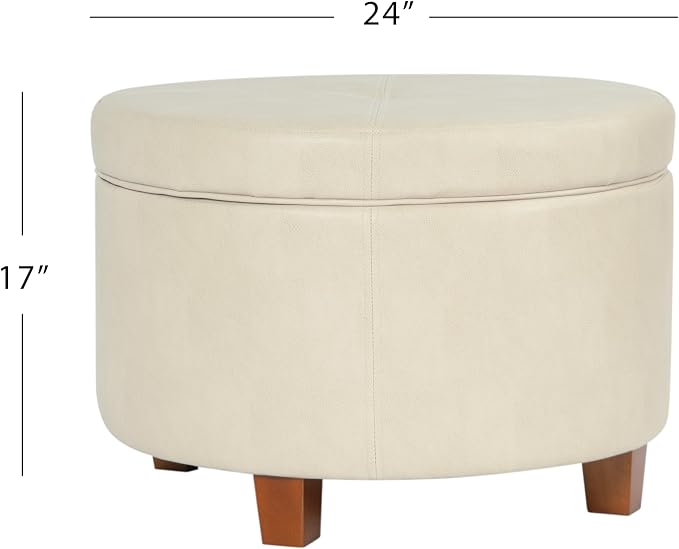 HomePop Round Leatherette Storage Ottoman with Lid, Ivory Large