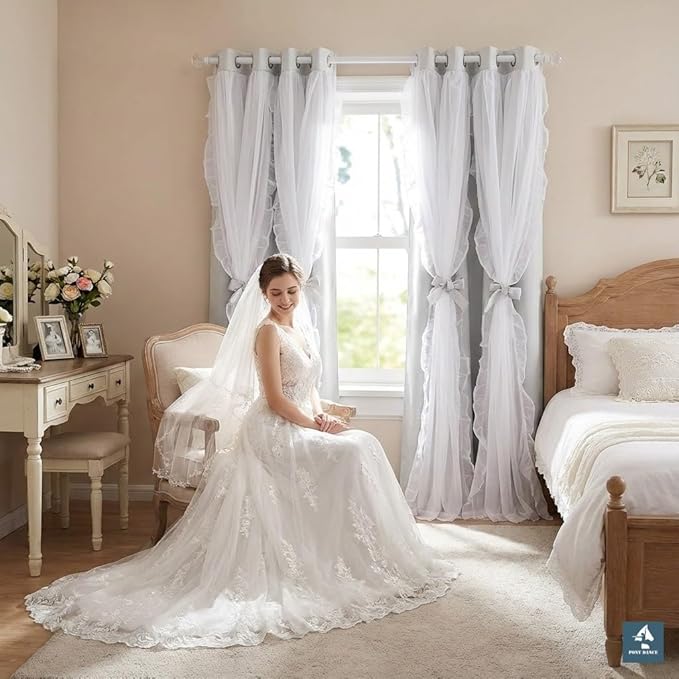 PONY DANCE Shabby Chic Curtains with Ruffle Sheer Overlay for Girls Bedroom, Double Layer Room Darkening Drapes,Farmhouse Rustic Design, 52" W x 95" L, Greyish White, 2 Pieces