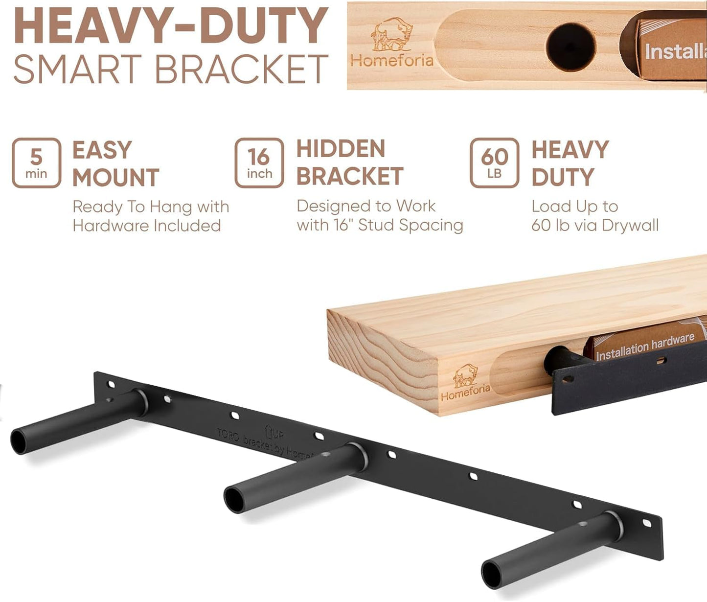 Homeforia Floating 60 inch Oak Shelves, High End Solid Real Wood 60inch Floating Shelf for Wall Mounted, Honey Oak Wooden 60in Large Floating Shelves, Heavy Duty Bracket, 60 X 6.5 X 1.75 in, Set of 2