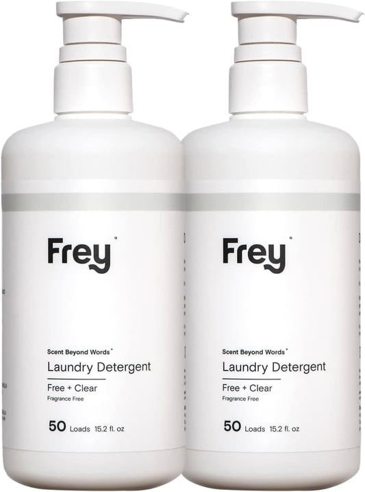 FREY Concentrated Liquid Laundry Detergent | Formulated for Sensitive Skin & HE Washers | Removes Stains Effectively | 50 Loads per Bottle (2-pack Unscented)