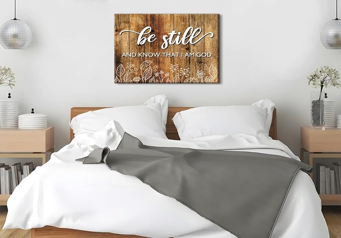 Farmhouse Be Still and Know That I Am God Signs Wall Art Christian Inspiring Prints Religious I Am God Canvas Framed Painting Bible Verse Quote Poster Bedroom Living Room Prayer Home Decoration 24x36