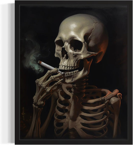 Skull Smoking Ciggarettes Poster Art Print, Halloween Scary Vintage Wall Art Academia Spooky Painting Decoration for Horror Prints, Gothic Posters Bedroom Decor 89 (Skull Smoking Ciggarettes, 16 x 20 inches, Black Frame)