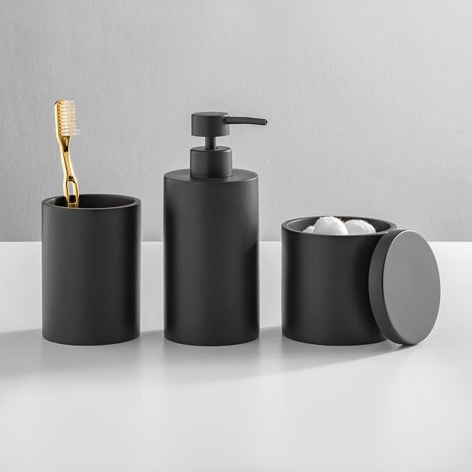 mDesign Resin 3-Piece Bathroom Vanity Countertop Accessories - Soap Dispenser, Tumbler Rinsing Cup, and Canister Holder Sets - Complete Modern Counter Aesthetic - Set of 3 - Black