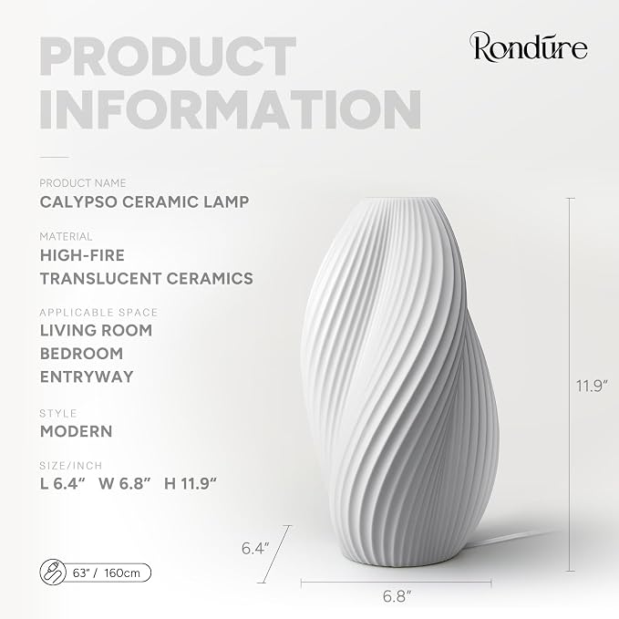 RONDURE 11.9" Modern Ceramic Table Lamp, Fully Dimmable Bedside Lamp for Bedroom Living Room Nightstand, White Translucent Ceramic Shade, Warm Ambient Decorative Corded Lighting, Bulb Included