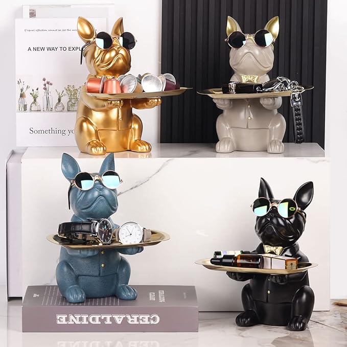 QIANLING Modern Decor Resin Gold Bulldog Tray Statue Tray Storage Key Holder Candy Jewelry Earrings Tray Suitable for Home Decor Modern Art Dining Table Decor Office Small Object Tray (Golden Yellow)