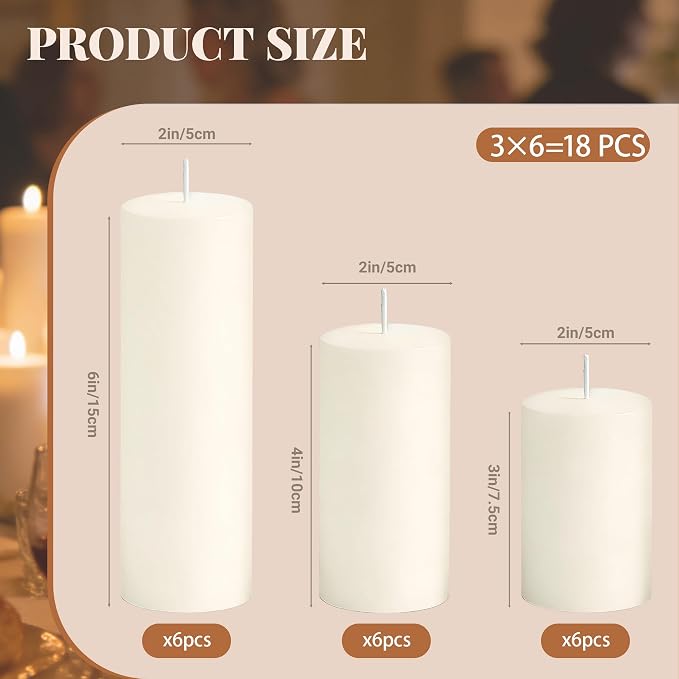 18 Pcs Ivory Pillar Candles Bulk Set, 2x3” 2x4” 2x6” Paraffin Hurricane Candles, Unscented Dripless Smokeless, Long Burning for Party Wedding Events Home Decor