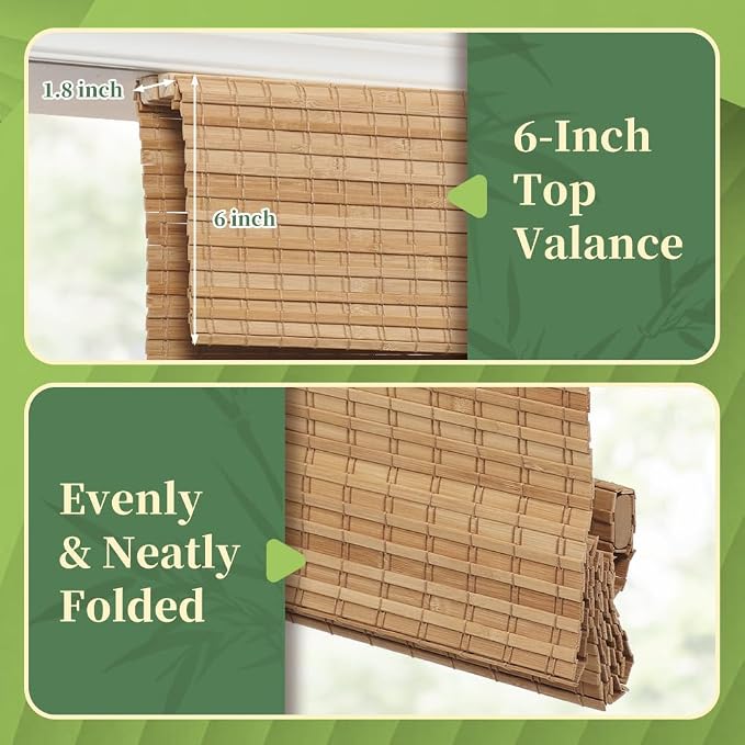 AGESISI Bamboo Roman Shades with Valance Cover, Cordless Blinds for Indoor Windows, Blackout Woven Wood Shades for Home & Patio, Privacy Protection, 30" W x 64" H, Carbonized