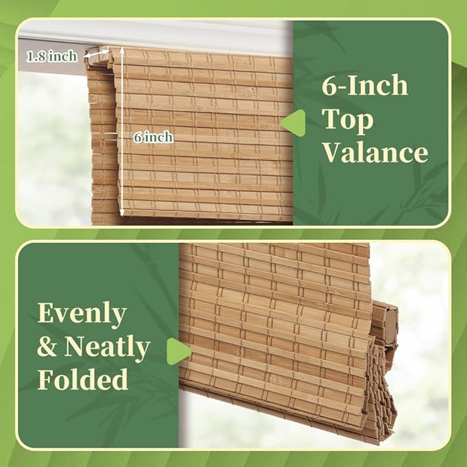 AGESISI Bamboo Roman Shades with Valance Cover, Cordless Blinds for Indoor Windows, Blackout Woven Wood Shades for Home & Patio, Privacy Protection, 42" W x 64" H, Carbonized