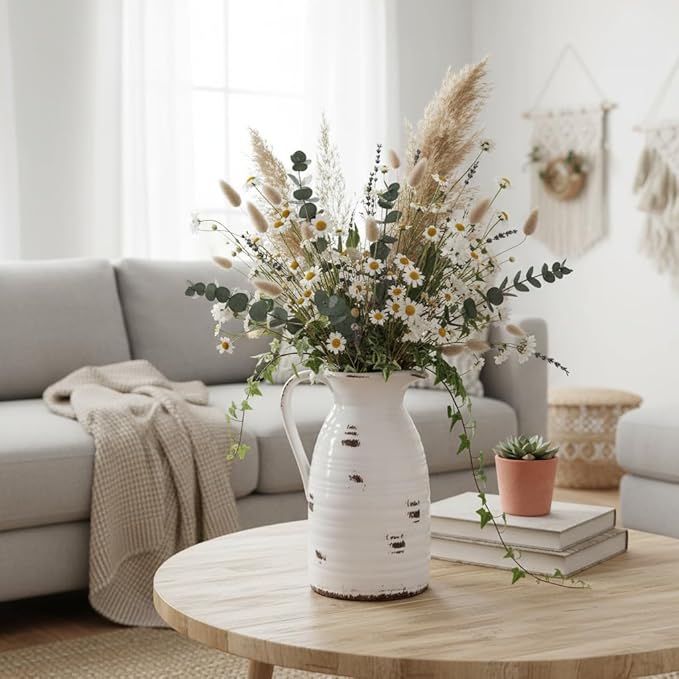 hjn Farmhouse Pitcher Vase for Flowers- Ceramic Pitcher Vase Decrative Pitchers for Your Kitchen/Home Decor/Office/Living Room/Bookshelf/Mantel/-White and Antique