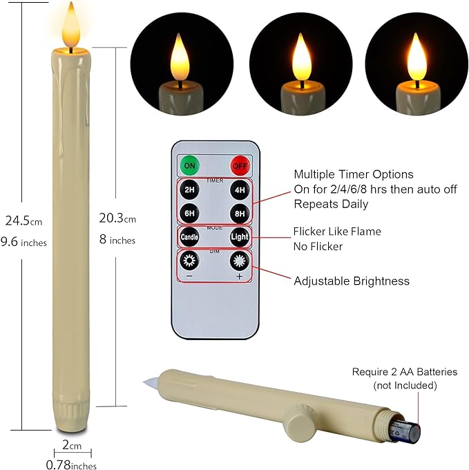Homemory 6 Pcs Flameless Taper Candles with Remote, Timer, Dimmer, Ivory Battery Operated CandleSticks with Flickering Light, Plastic Led Window Candles, 9.6 Inches for Halloween Christmas Decoration