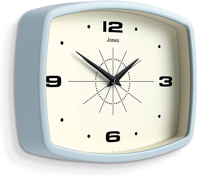 JONES CLOCKS® Movie wall Clock | Retro Rectangular Clock | 10 inch | Pale Blue | Cool mid-Century Designer Look for Kitchen, Living Room or Office