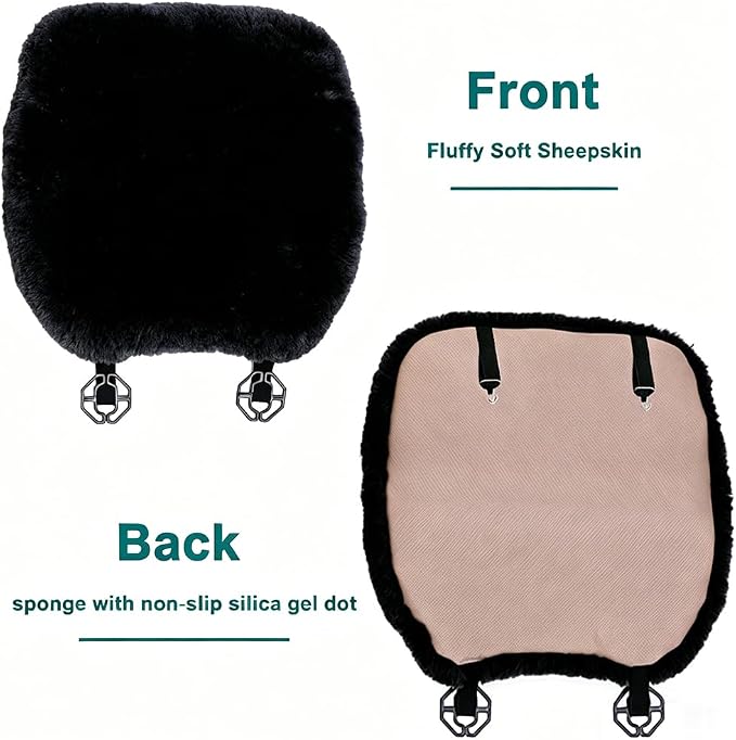 OGLAND 20 inchs Fluffy Genuine Australia Sheepskin Car Seat Cover for Auto Interior Accessories with Soft Fuzzy Wool Cushion Natural Fur (Black, Front)