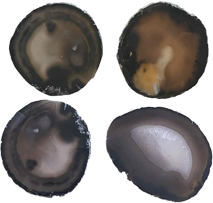 JIC Gem 3.5-4'' Natural Agate Coasters Dyed Black Sliced Geode Polished for Coffee Cup Home Decoration with Rubber Bumpers Home Decoration Set of 4