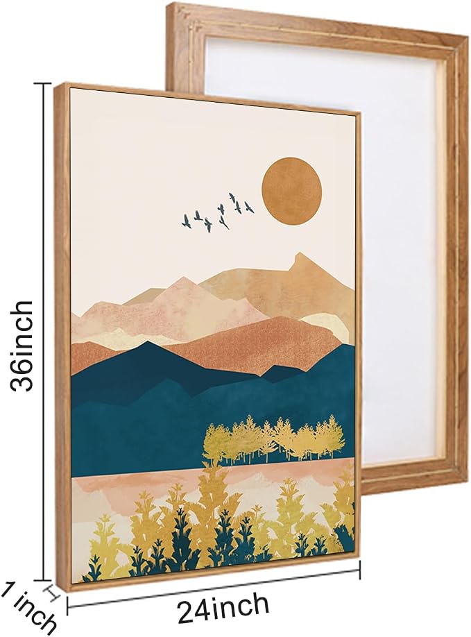 HPINUB Mountain Framed Canvas Wall Art Set, Mid Century Modern Wall Decor, Set of 3 Boho Artwork Nature Art Paintings, Bohemian Art Prints for Living Room, Bedroom, Dining Room, Office-24 x36 x3