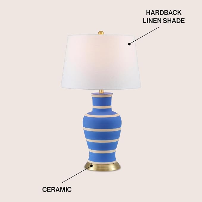 JONATHAN Y 29" Blue/Beige Traditional Ceramic Urn LED Table Lamp for Bedroom Decor, White Linen Drum Shade, Classic Nightstand Lamp for Living Room, LED Bulb Included (JYL4026L)