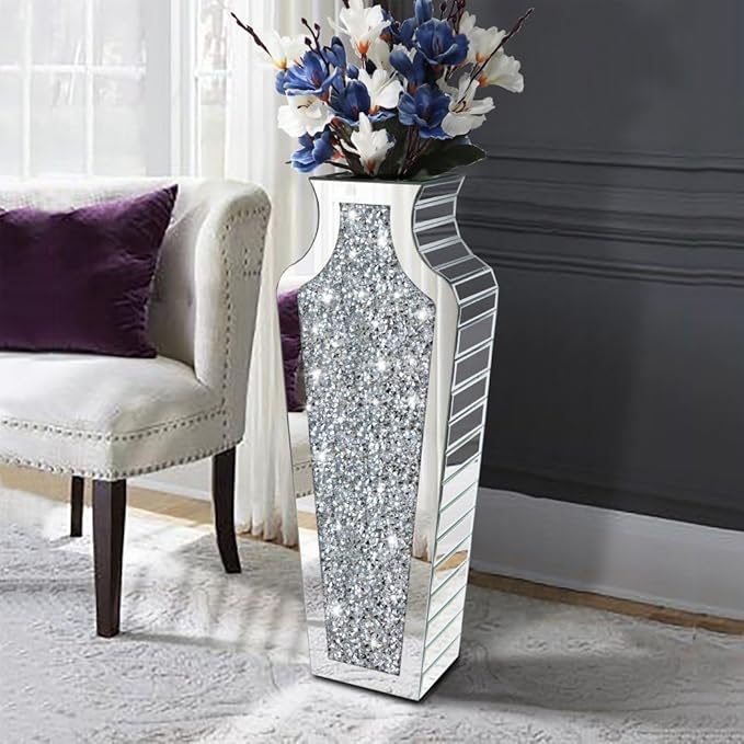 Allartonly Floor Crushed Diamond Mirrored Vase 27" Tall, Crystal Silver Glass Decorative Mirror Large Size Luxury for Home Decor. Can't Hold Water.