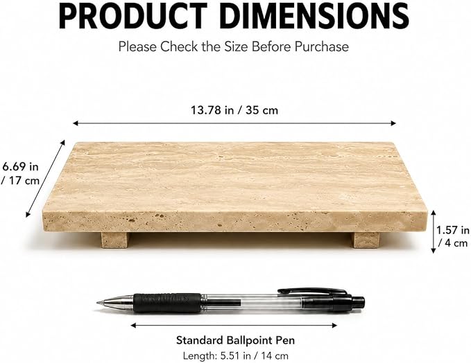 Travertine Pedestal Decorative Tray 13.8 x 6.7 in | Vanity Tray for Perfume, Jewelry, Keys and Candles, Catchall Tray for Bathroom Counter, Dresser and Entryway Decor