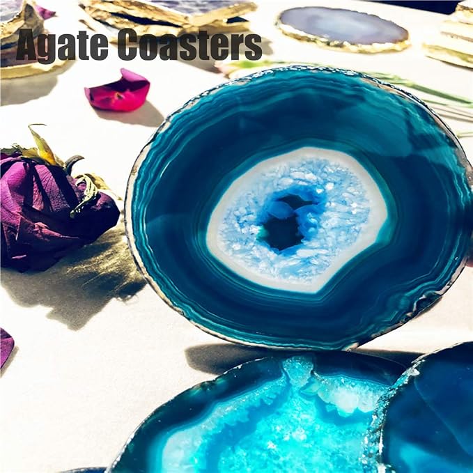 AMOYSTONE Agate Geode Coasters for Drinks Crystal Stone Table Coasters Large Set of 4 Unique Gifts Dyed Teal 3.5-4"