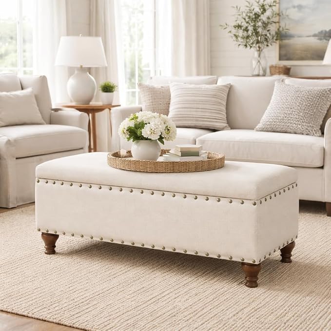 HomePop Large Storage Bench with Nailhead Trim - Cream