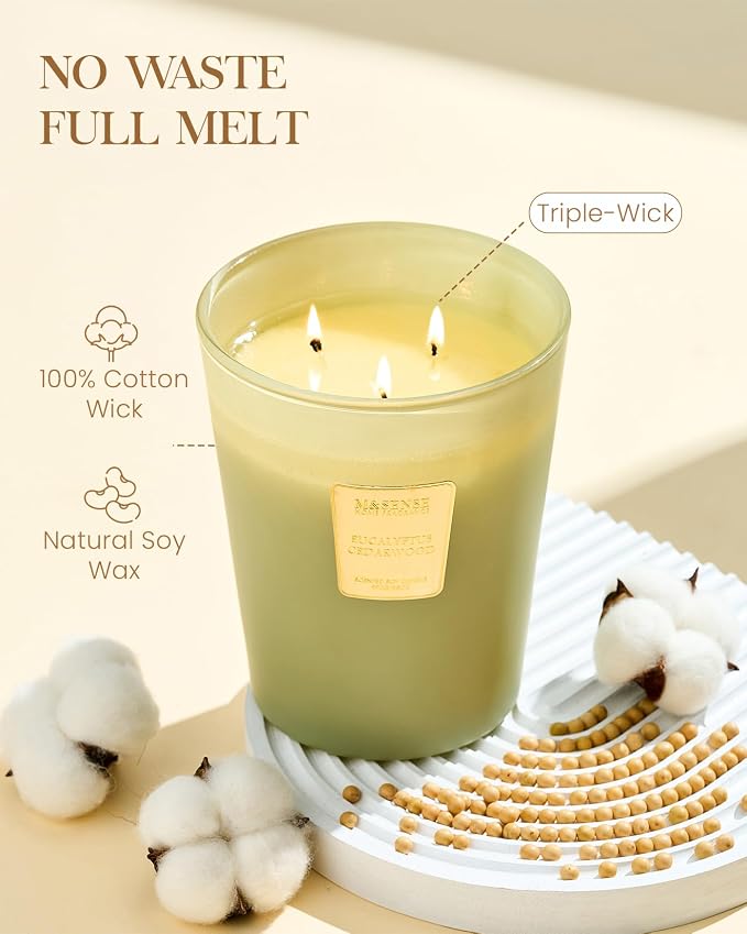 M&SENSE Eucalyptus Cedarwood Soy Candle, 35oz 3-Wick, Woody Relaxing Spa | 150H Long Burn, Non-Toxic, Large Candles, Bathroom Relaxation, Meditation, Stress Relief, Calming Home Fragrance