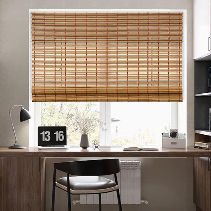Kokorona Cordless Sheer Bamboo Roman Shades with Valance, Light Filtering Woven Bamboo Blinds for Windows, Natural Window Blinds Roll Up Shades for Home & Patio, 41" W x 64" H, Light Russet