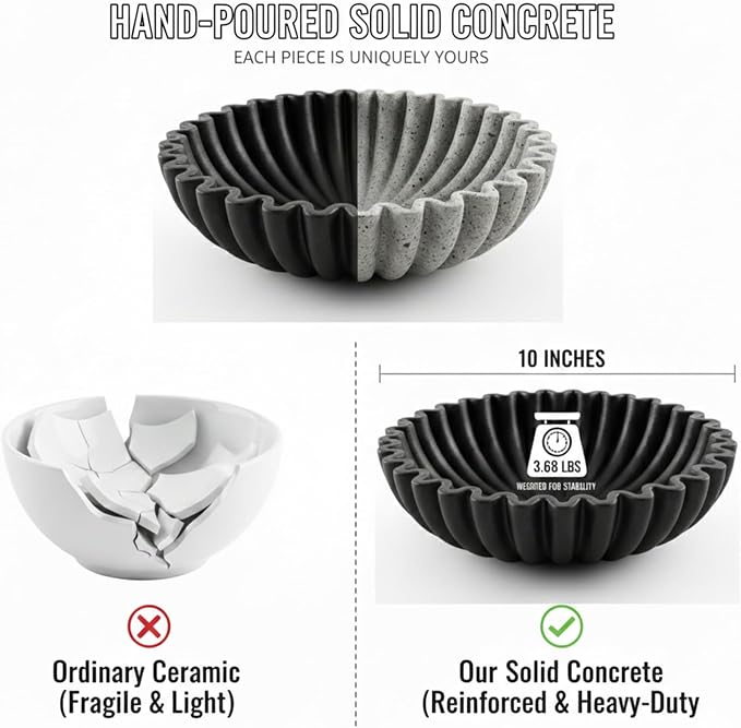 10 Inch Scalloped Ruffle Hand Poured Concrete Decorative Fruit Bowl Black | Solid concrete wabi sabi centerpiece bowl for kitchen counter, entryway key storage & coffee table decor