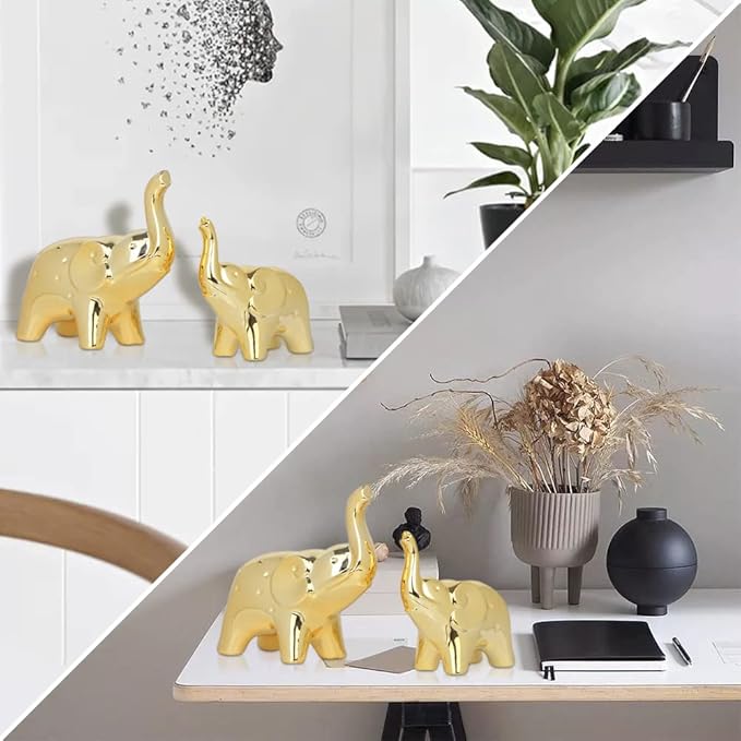 prosfalt A Pair Elephant Statue Home Decor,Modern Style Figurines,Sculpture for Office Desktop Bookshelf Living Room (Ceramics Gold)