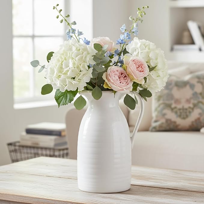 hjn Farmhouse Pitcher Vase for Flowers- Ceramic Pitcher White Flower Vase for Your Kitchen/Home Decor/Office/Living Room/Bookshelf/Mantel/-White