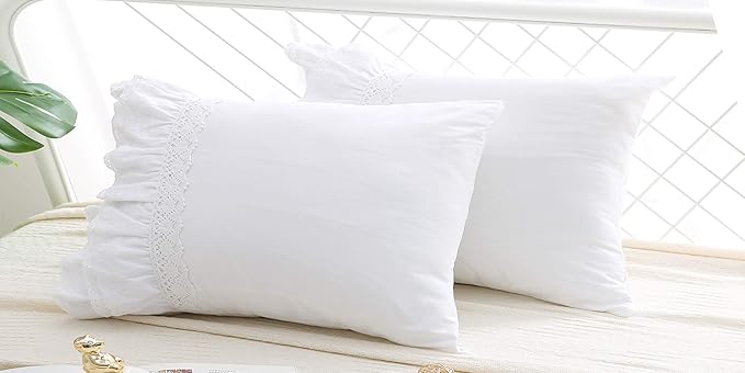 2-Pack Lace Pillow Shams Cases Covers with Ruffles Bright White Egypt Cotton Standard Size 20"X26" Luxury Elegant Twin Size