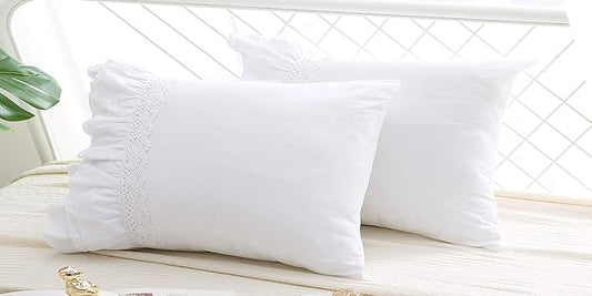 2-Pack Lace Pillow Shams Cases Covers with Ruffles Bright White Egypt Cotton Standard Size 20"X26" Luxury Elegant Twin Size