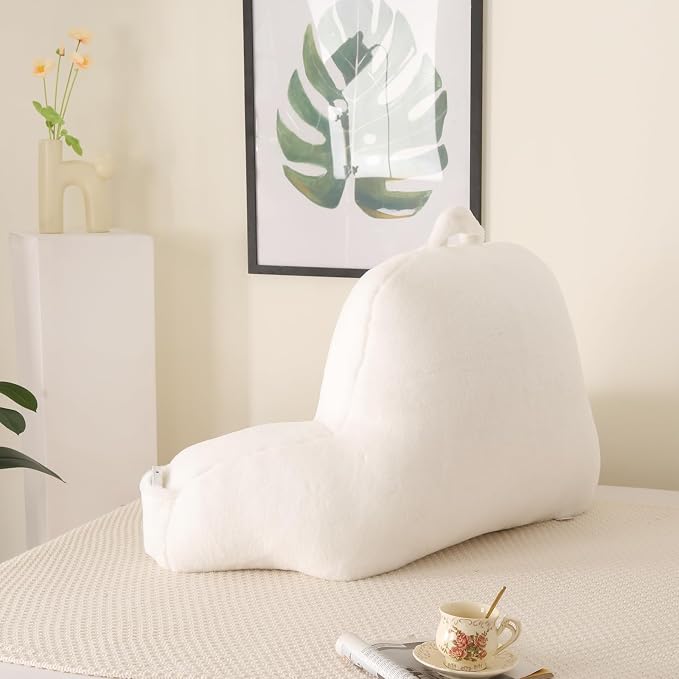 Large Plush Backrest Pillow for Sitting in Bed,Faux Fur,White | 19" Back Pillow with Arms Supports Adults,College Students,Elbows & Forearms for Dorm Reading,Gaming,Watching TV