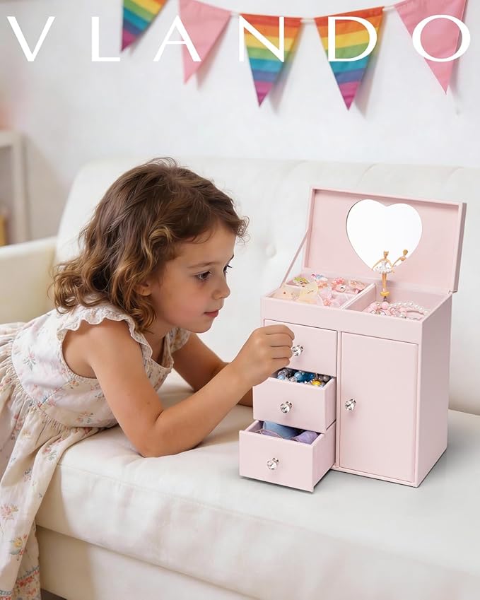 Vlando Musical Jewelry Box for Girls - Valentines Day Gift for Kid - Large Kid Music Box with Ballerina for Birthday Bedroom Decor, 4 Layer Girl Jewelry Gifts for Girls Kids - Light Pink