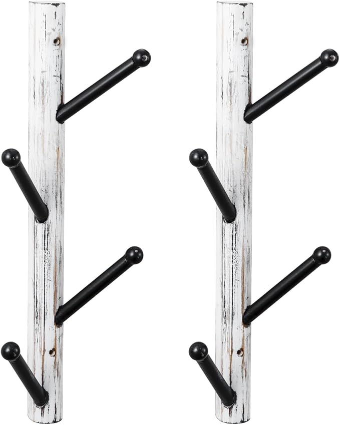 MyGift 4 Hook Wall Mounted Shabby White Washed Solid Wood and Black Metal Hat Coat Hanger Tree, Vertical Entryway Hanging Garment Rack with Branch Style Hooks, Set of 2